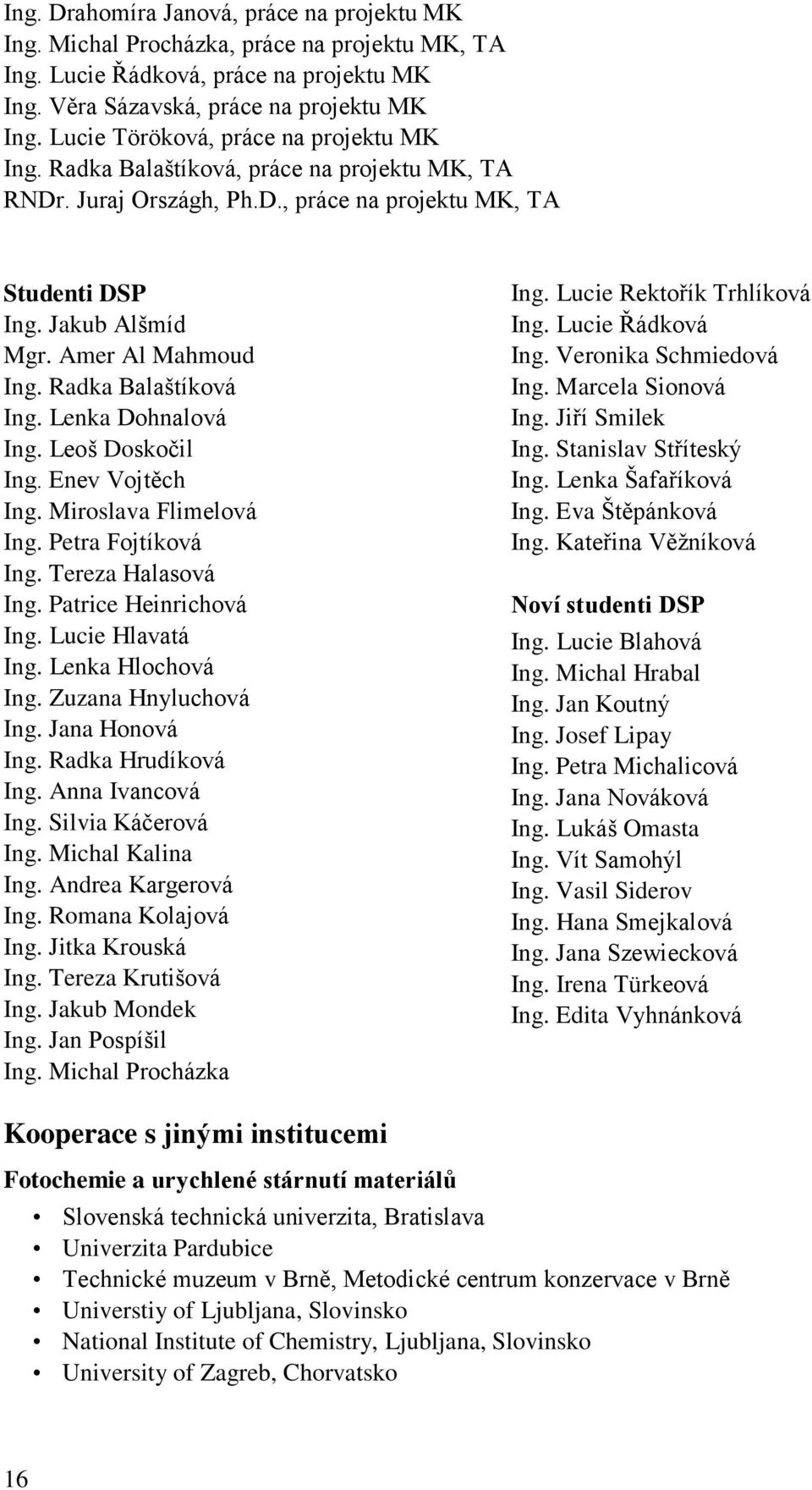 Radka Balaštíková Ing. Lenka Dohnalová Ing. Leoš Doskočil Ing. Enev Vojtěch Ing. Miroslava Flimelová Ing. Petra Fojtíková Ing. Tereza Halasová Ing. Patrice Heinrichová Ing. Lucie Hlavatá Ing.