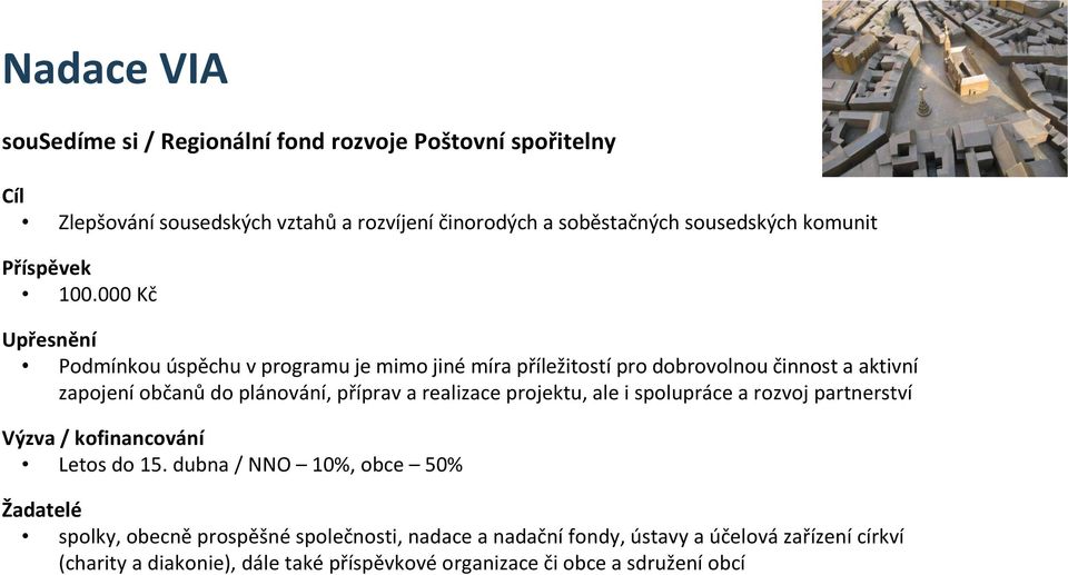 000 Kč Upřesnění Podmínkou úspěchu v programu je mimo jiné míra příležitostí pro dobrovolnou činnost a aktivní zapojení občanů do plánování, příprav a