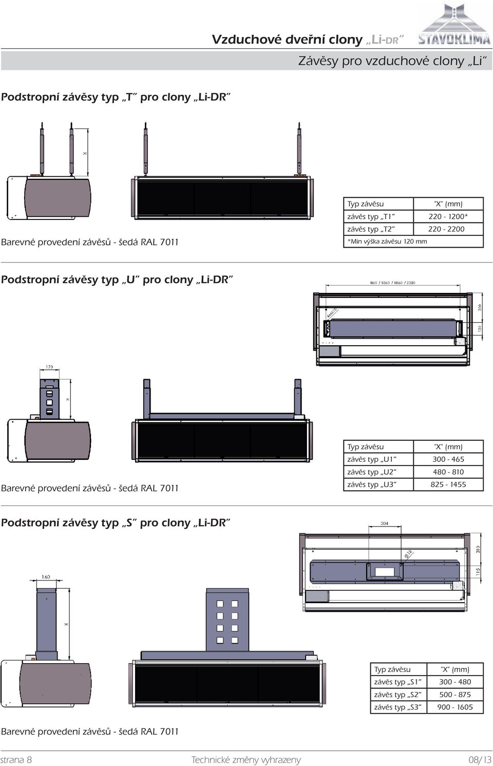 Typ závěsu "X" (mm) závěs typ U1 300-465 závěs typ U2 480-810 závěs typ U3 825-1455 Podstropní závěsy typ S pro clony Li-DR Typ závěsu "X"