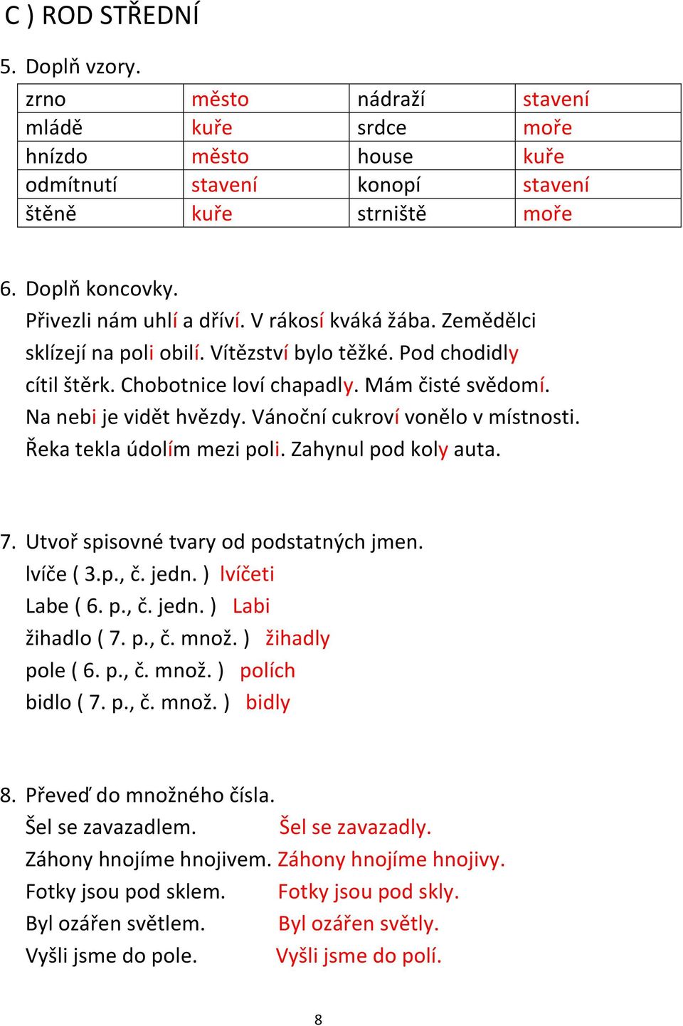 Vánoční cukroví vonělo v místnosti. Řeka tekla údolím mezi poli. Zahynul pod koly auta. 7. Utvoř spisovné tvary od podstatných jmen. lvíče ( 3.p., č. jedn. ) lvíčeti Labe ( 6. p., č. jedn. ) Labi žihadlo ( 7.