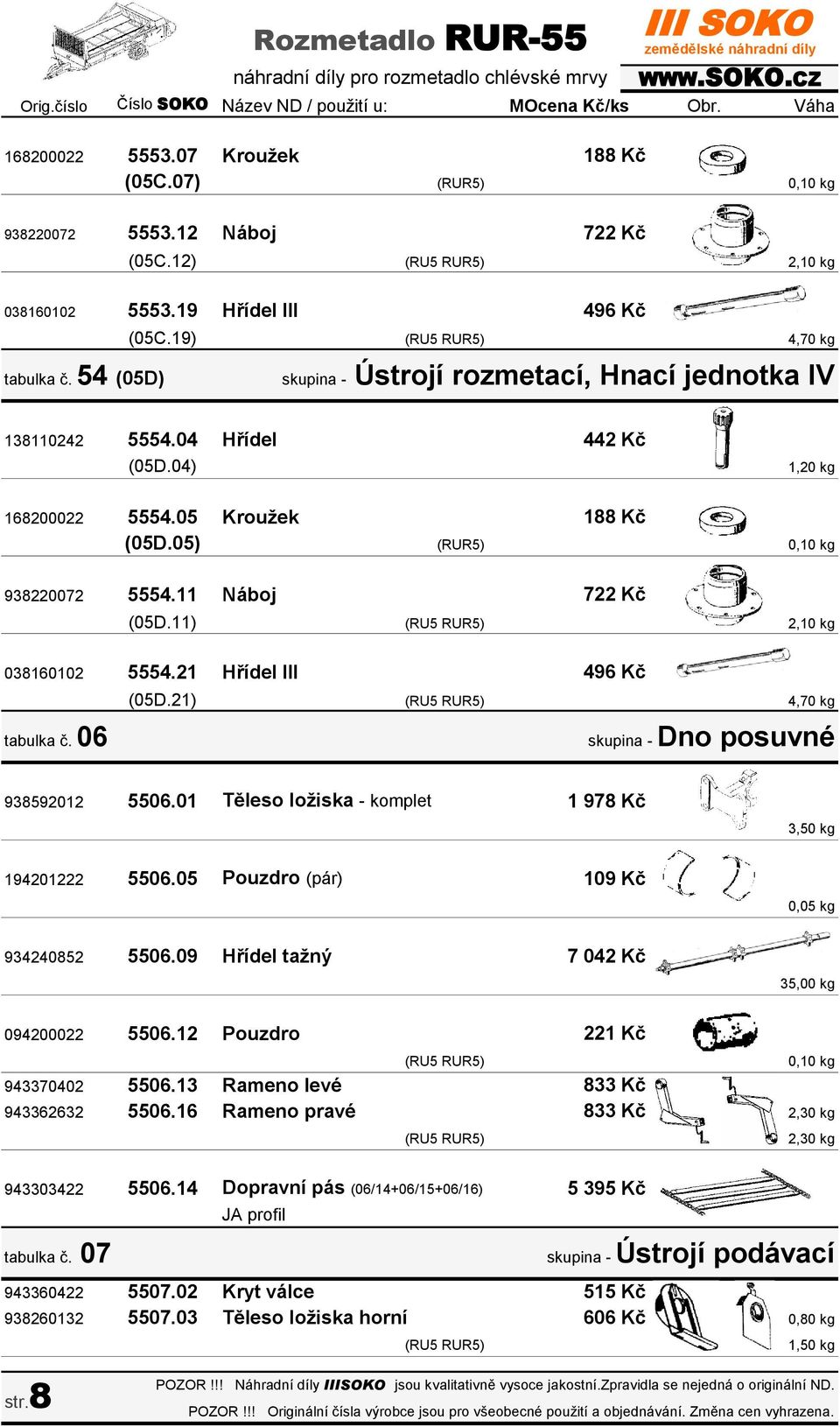 11 Náboj (05D.11) 2,10 kg 038160102 5554.21 Hřídel III 496 Kč tabulka č. 06 (05D.21) 4,70 kg skupina - Dno posuvné 938592012 5506.01 Těleso ložiska - komplet 194201222 5506.