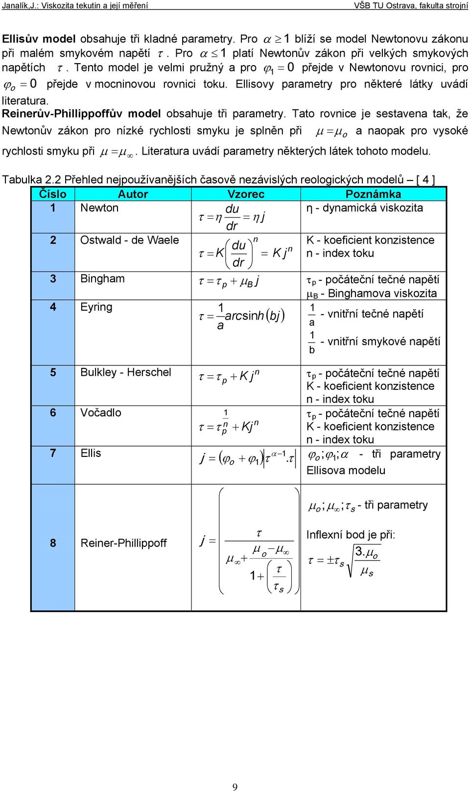 obsahuje tři parametry Tato rovnice je sestavena tak, že o Newtonův zákon pro nízké rychlosti smyku je splněn při a naopak pro vysoké rychlosti smyku při Literatura uvádí parametry některých látek