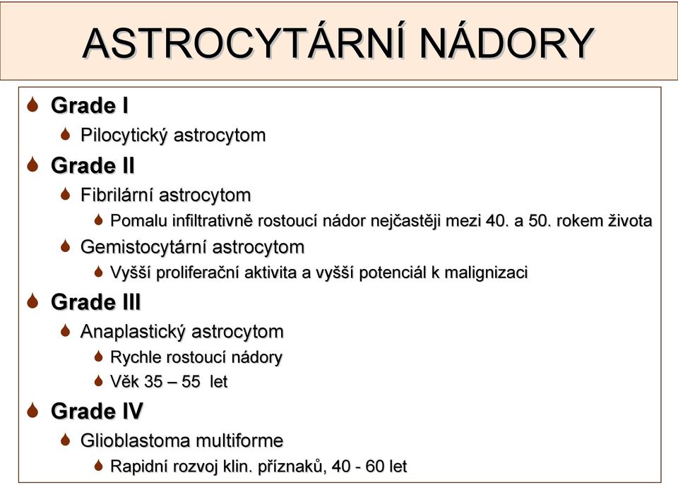 rokem života Gemistocytární astrocytom Vyšší proliferační aktivita a vyšší potenciál k