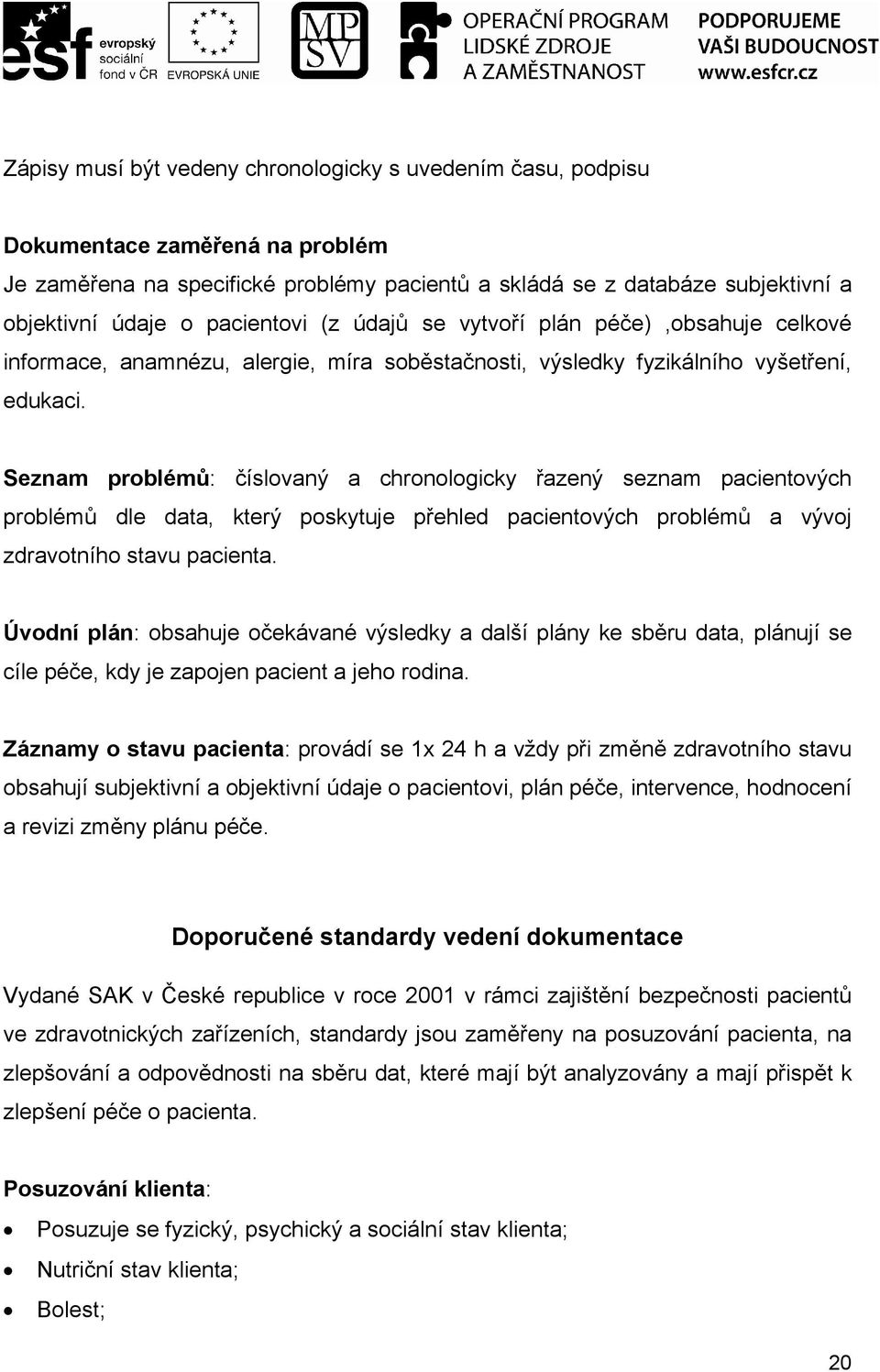 Seznam problémů: číslovaný a chronologicky řazený seznam pacientových problémů dle data, který poskytuje přehled pacientových problémů a vývoj zdravotního stavu pacienta.