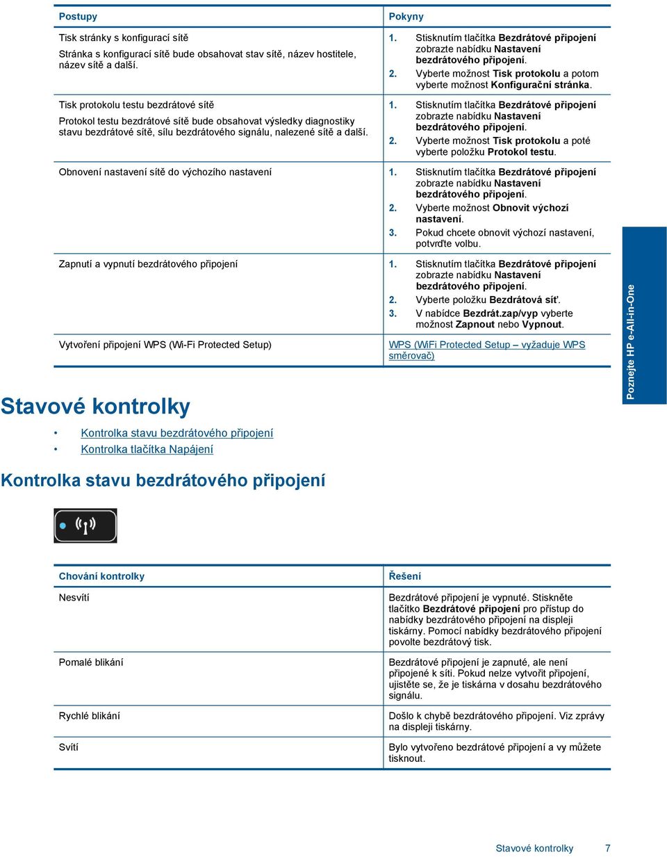 Stisknutím tlačítka Bezdrátové připojení zobrazte nabídku Nastavení bezdrátového připojení. 2. Vyberte možnost Tisk protokolu a potom vyberte možnost Konfigurační stránka. 1.