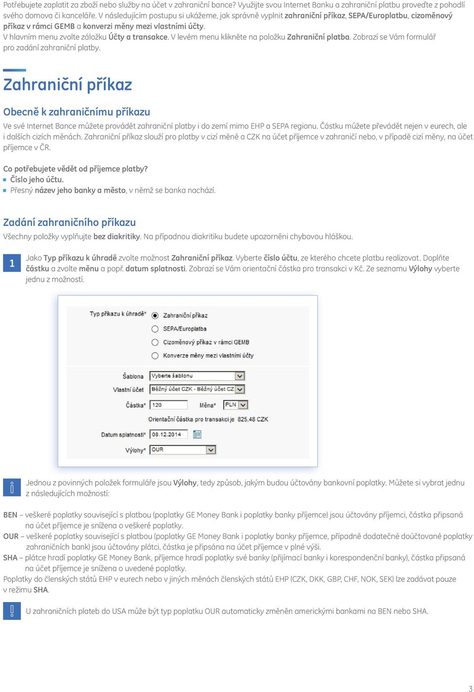 V hlavním menu zvolte záložku Účty a transakce. V levém menu klikněte na položku Zahraniční platba. Zobrazí se Vám formulář pro zadání zahraniční platby.