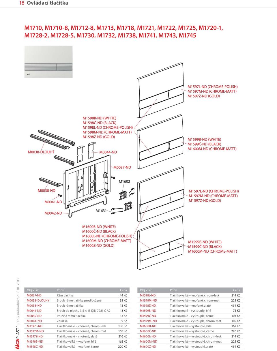 tlačítka 13 Kč M0044-ND Zarážka 9 Kč M1597L-ND Tlačítko malé vnořené, chrom-lesk 100 Kč M1597M-ND Tlačítko malé vnořené, chrom-mat 105 Kč M1597Z-ND Tlačítko malé vnořené, zlaté 216 Kč M1598B-ND