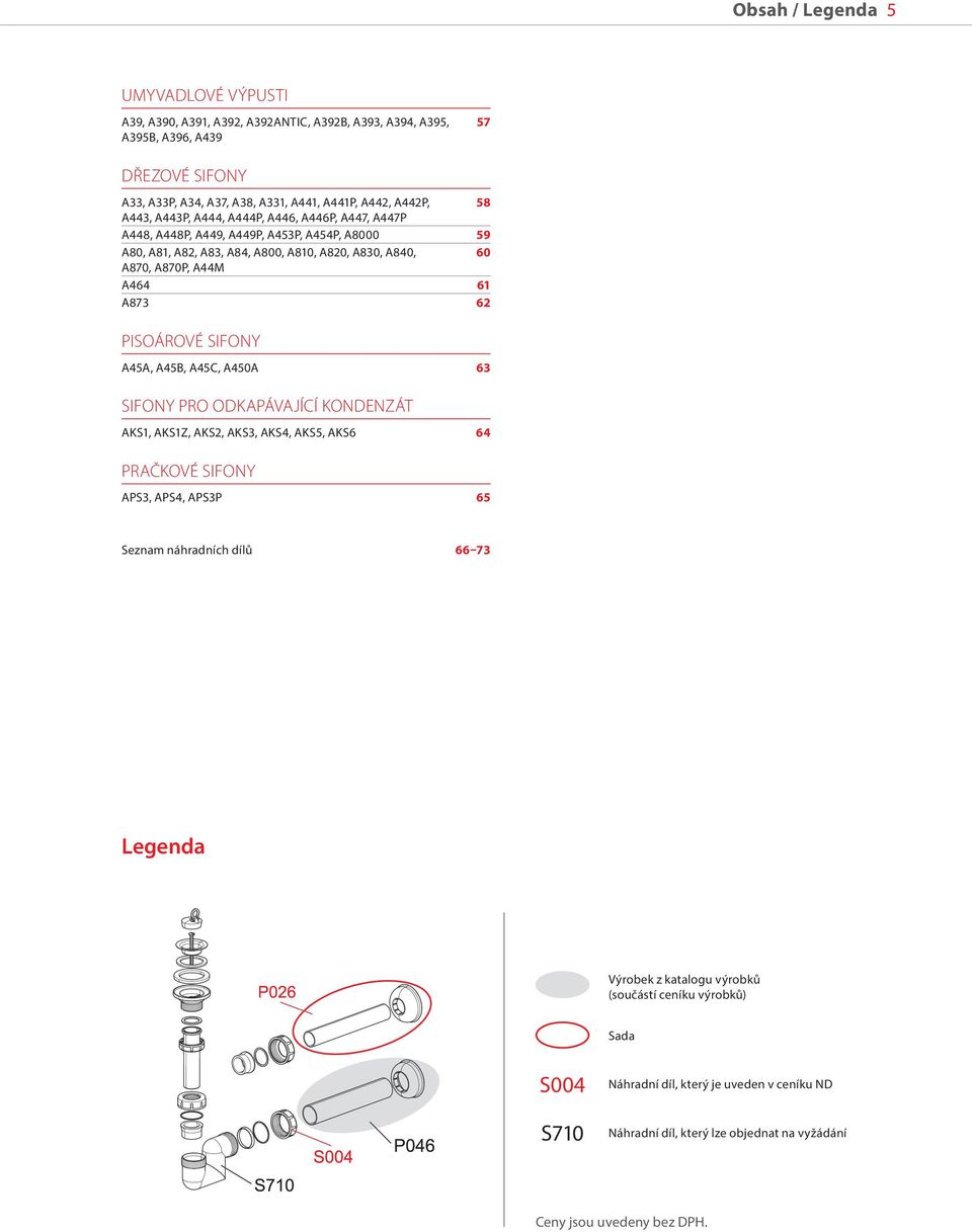 A873 62 PISOÁROVÉ SIFONY A45A, A45B, A45C, A450A 63 SIFONY PRO ODKAPÁVAJÍCÍ KONDENZÁT AKS1, AKS1Z, AKS2, AKS3, AKS4, AKS5, AKS6 64 PRAČKOVÉ SIFONY APS3, APS4, APS3P 65 Seznam náhradních dílů