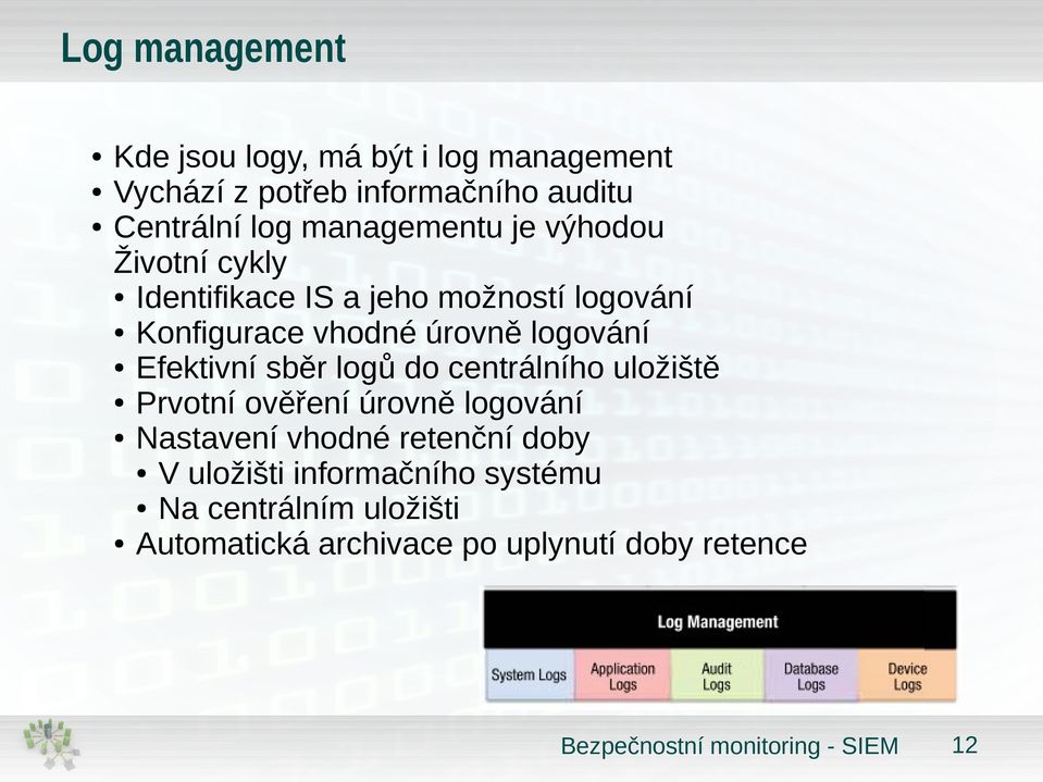logování Efektivní sběr logů do centrálního uložiště Prvotní ověření úrovně logování Nastavení vhodné