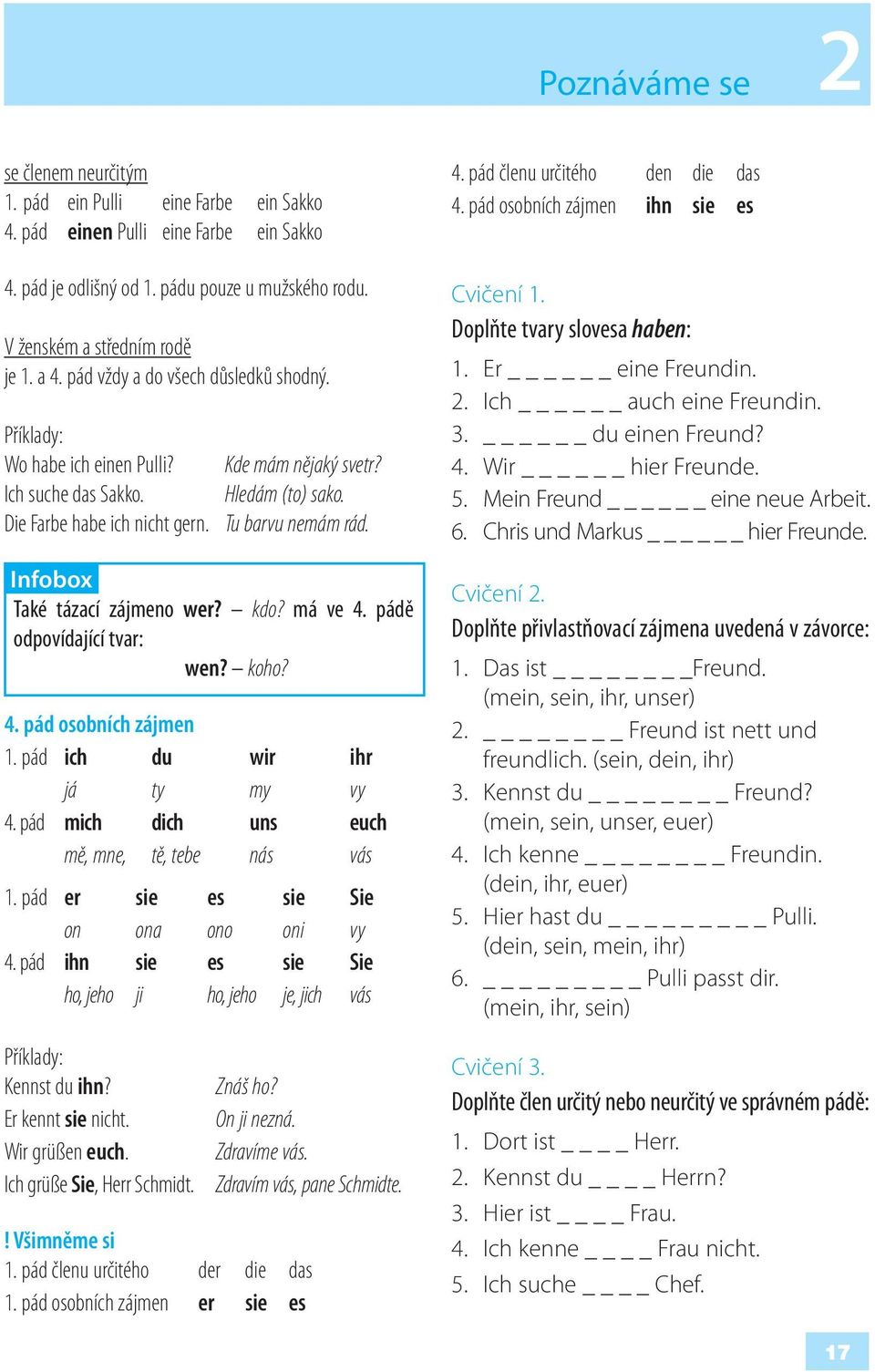 Také tázací zájmeno wer? kdo? má ve 4. pádě odpovídající tvar: wen? koho? 4. pád osobních zájmen 1. pád ich du wir ihr já ty my vy 4. pád mich dich uns euch mě, mne, tě, tebe nás vás 1.