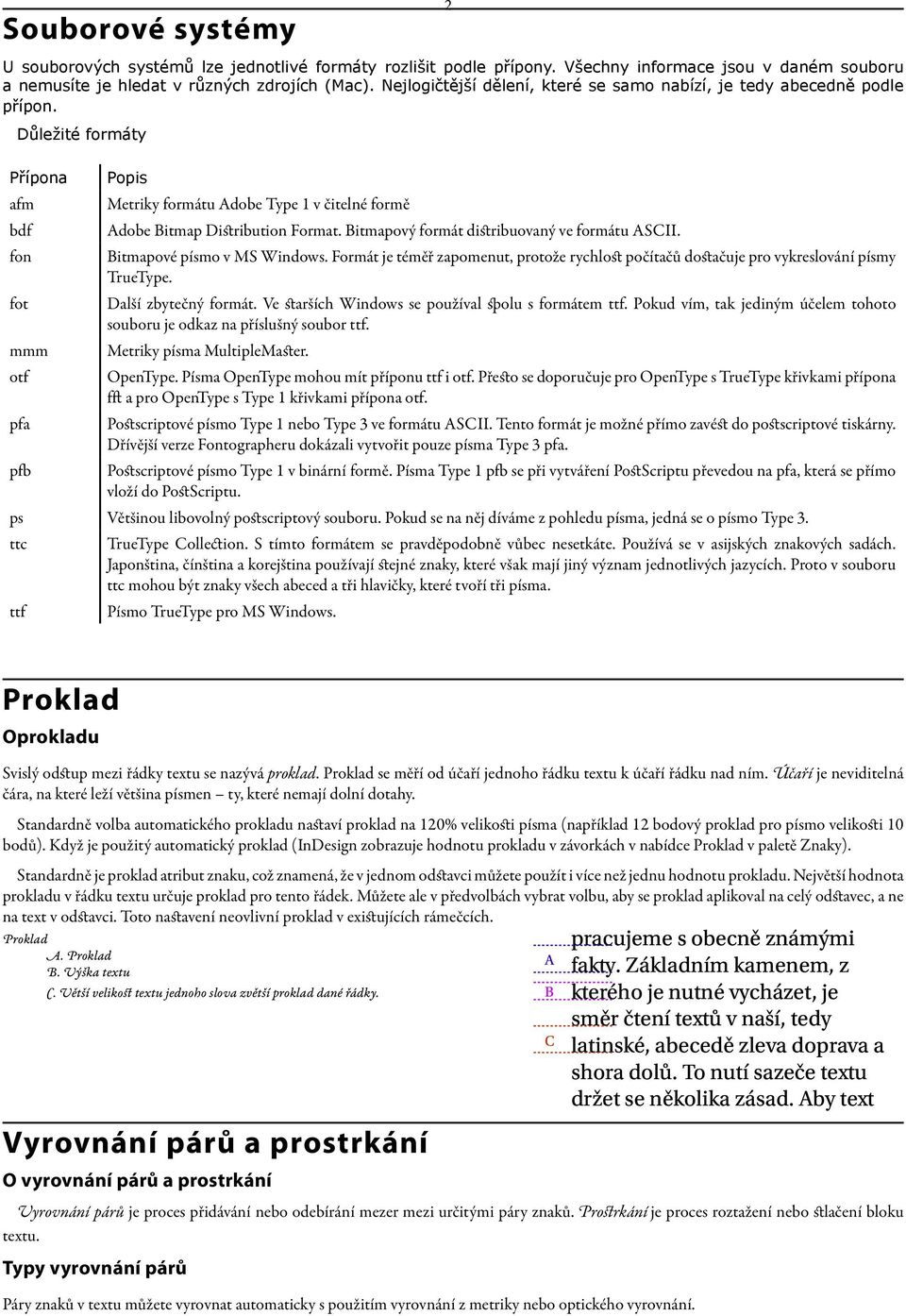 Důležité formáty Přípona afm bdf fon fot mmm otf pfa pfb Popis Metriky formátu Adobe Type 1 v čitelné formě Adobe Bitmap Distribution Format. Bitmapový formát distribuovaný ve formátu ASCII.