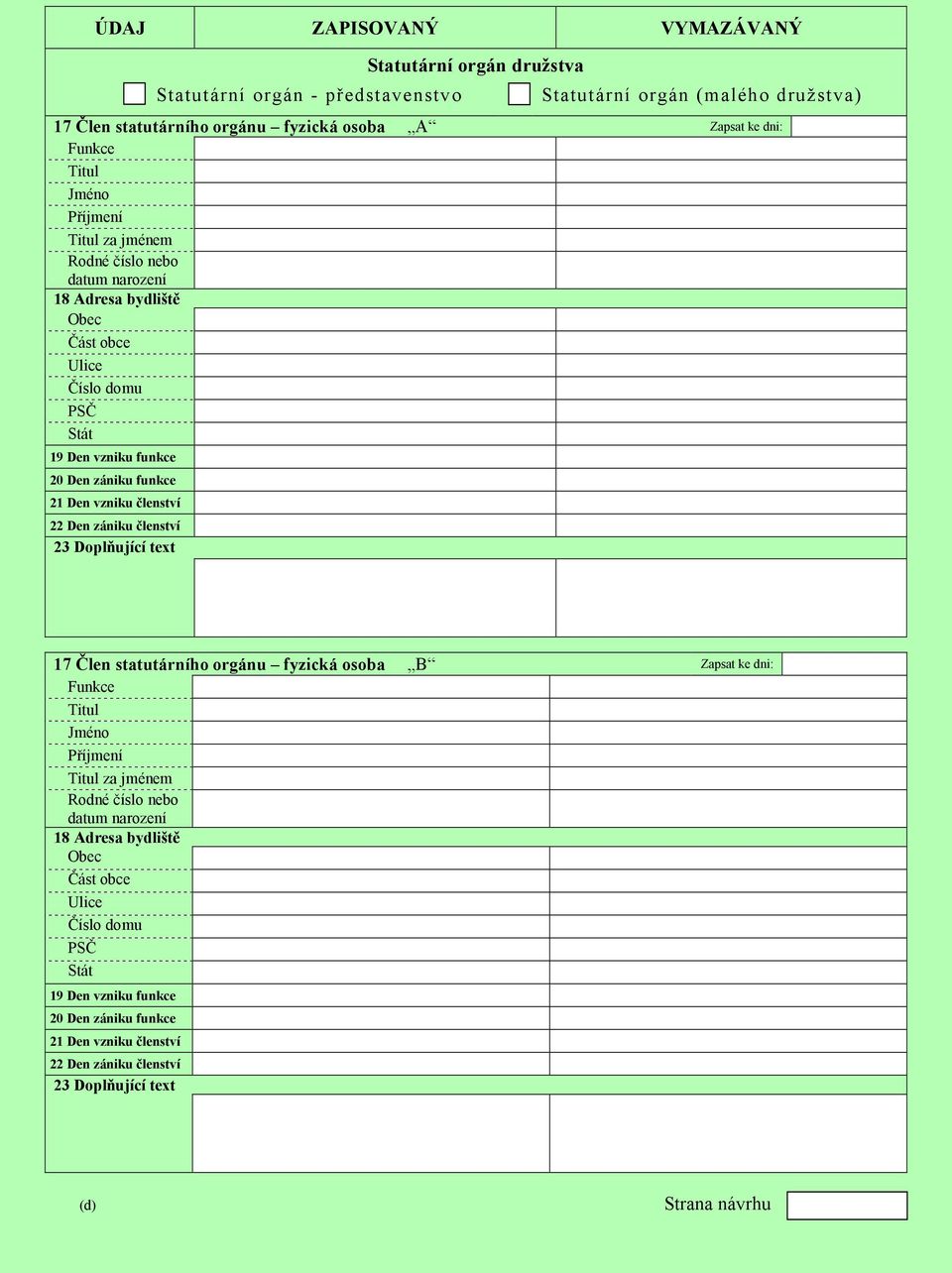 členství 22 Den zániku členství 23 Doplňující text 17 Člen statutárního orgánu fyzická osoba B Zapsat ke dni: Funkce 18