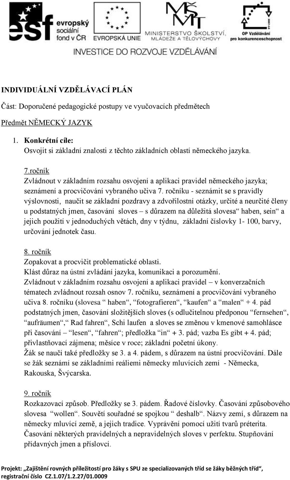 ročník Zvládnout v základním rozsahu osvojení a aplikaci pravidel německého jazyka; seznámení a procvičování vybraného učiva 7.