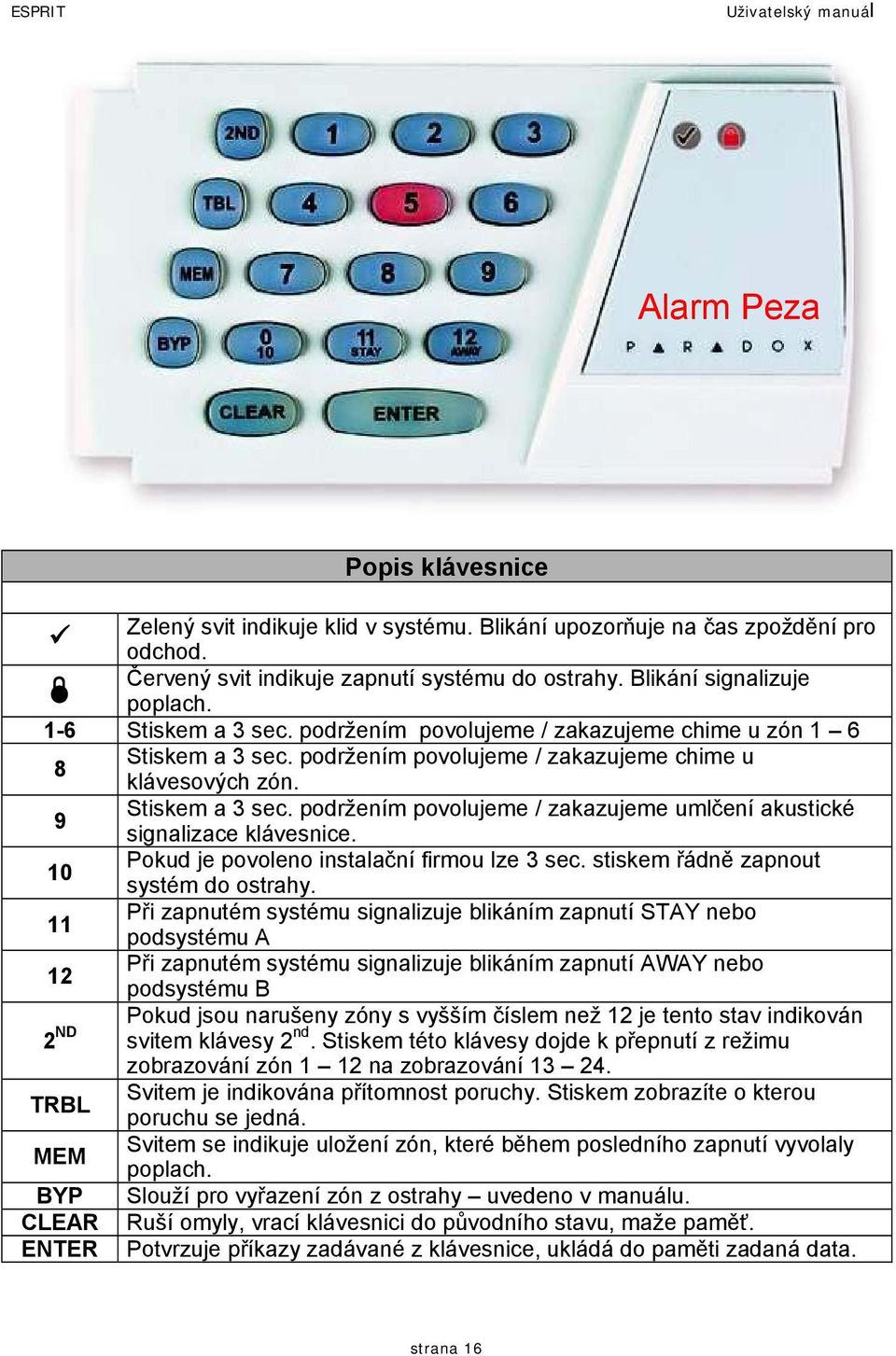 podržením povolujeme / zakazujeme umlčení akustické signalizace klávesnice. 10 Pokud je povoleno instalační firmou lze 3 sec. stiskem řádně zapnout systém do ostrahy.