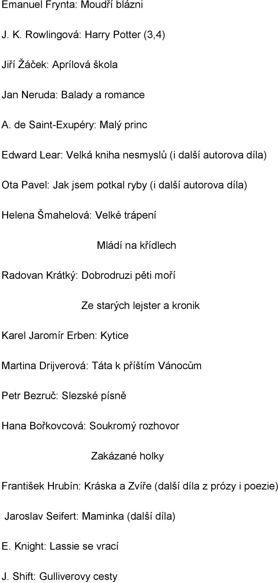 trápení Mládí na křídlech Radovan Krátký: Dobrodruzi pěti moří Ze starých lejster a kronik Karel Jaromír Erben: Kytice Martina Drijverová: Táta k příštím Vánocům Petr