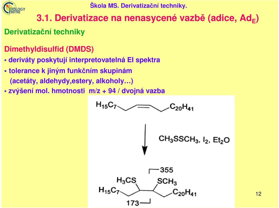 Dimethyldisulfid (DMDS) deriváty poskytují interpretovatelná EI spektra