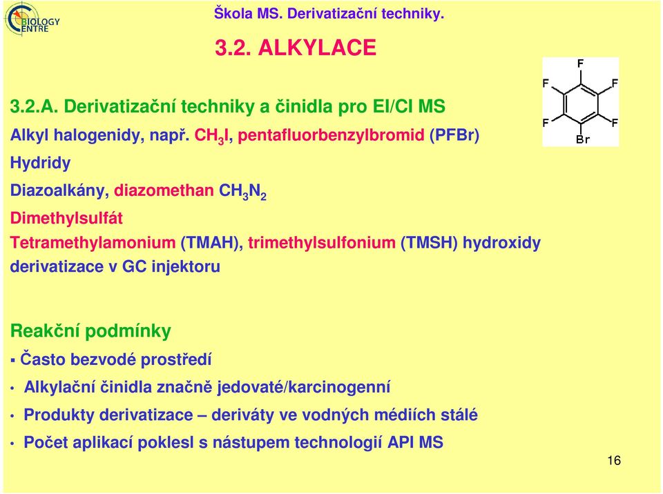 trimethylsulfonium (TMSH) hydroxidy derivatizace v GC injektoru Reakční podmínky Často bezvodé prostředí Alkylační činidla