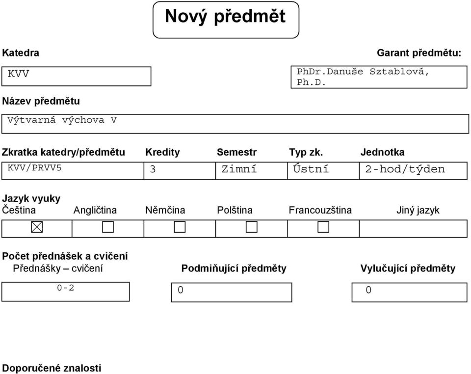 Jednotka KVV/PRVV5 3 Zimní Ústní 2-hod/týden Jazyk vyuky Čeština Angličtina Němčina Polština