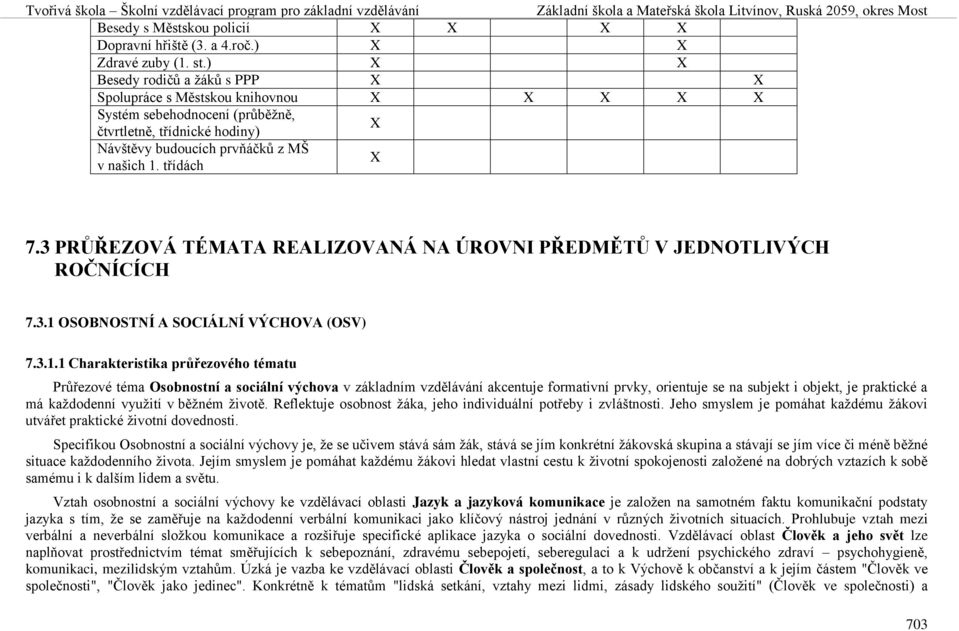 3 PRŮŘEZOVÁ TÉMATA REALIZOVANÁ NA ÚROVNI PŘEDMĚTŮ V JEDNOTLIVÝCH ROČNÍCÍCH 7.3.1 