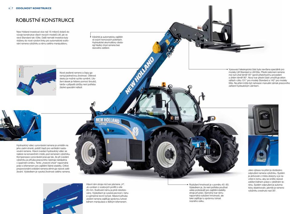 Hydraulické akumulátory obstarají hladký chod ramena bez rázového zatížení. Nové zesílené rameno a čepy garantují jedinečnou životnost. Otěrové desky je možné rychle vyměnit.