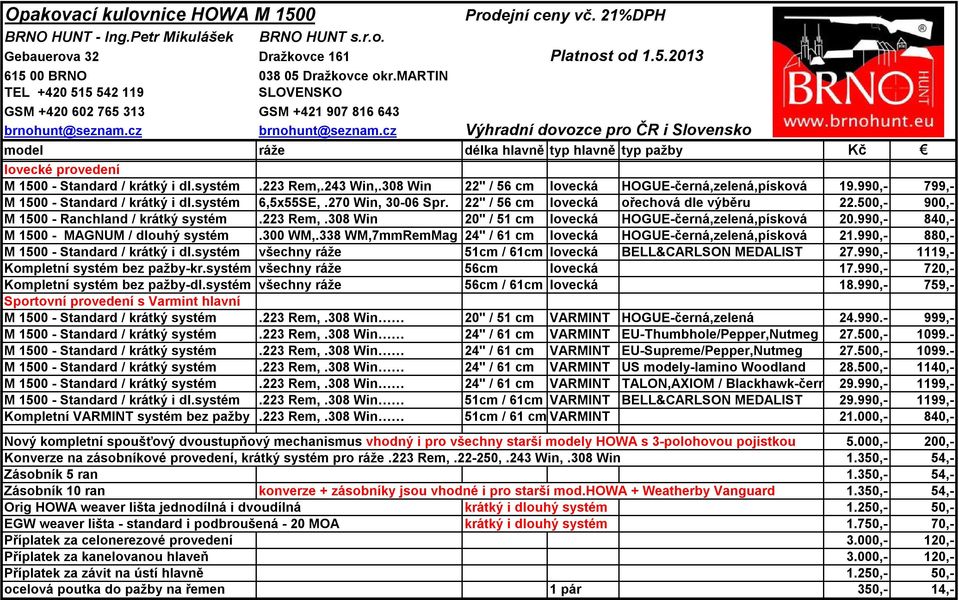 cz Výhradní dovozce pro ČR i Slovensko model ráže délka hlavně typ hlavně typ pažby Kč lovecké provedení M 1500 - Standard / krátký i dl.systém.223 Rem,.243 Win,.