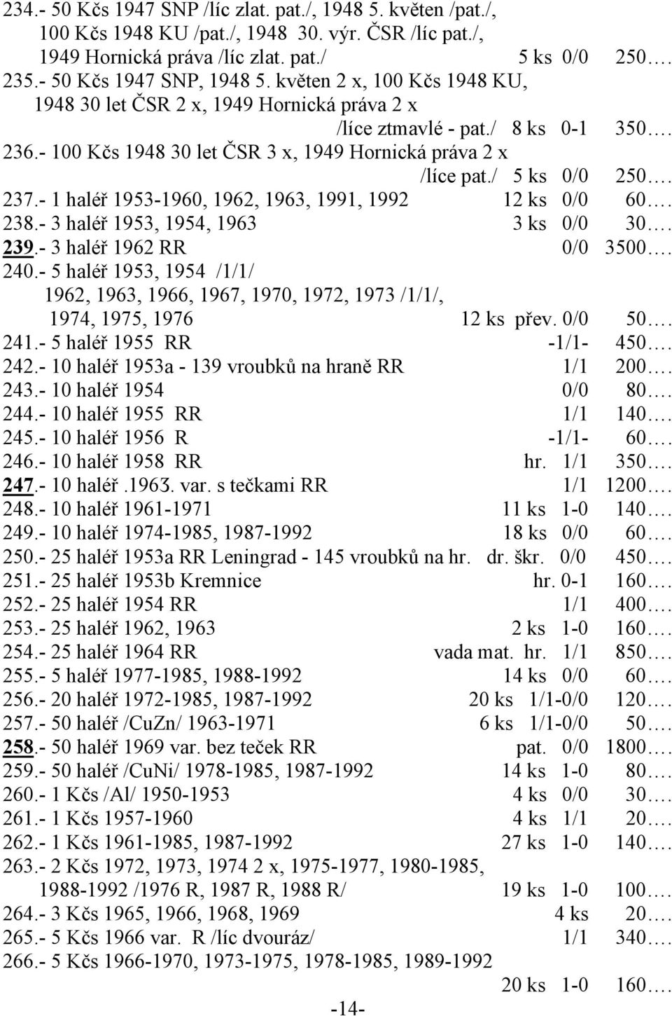 - 1 haléř 1953-1960, 1962, 1963, 1991, 1992 12 ks 0/0 60. 238.- 3 haléř 1953, 1954, 1963 3 ks 0/0 30. 239.- 3 haléř 1962 RR 0/0 3500. 240.