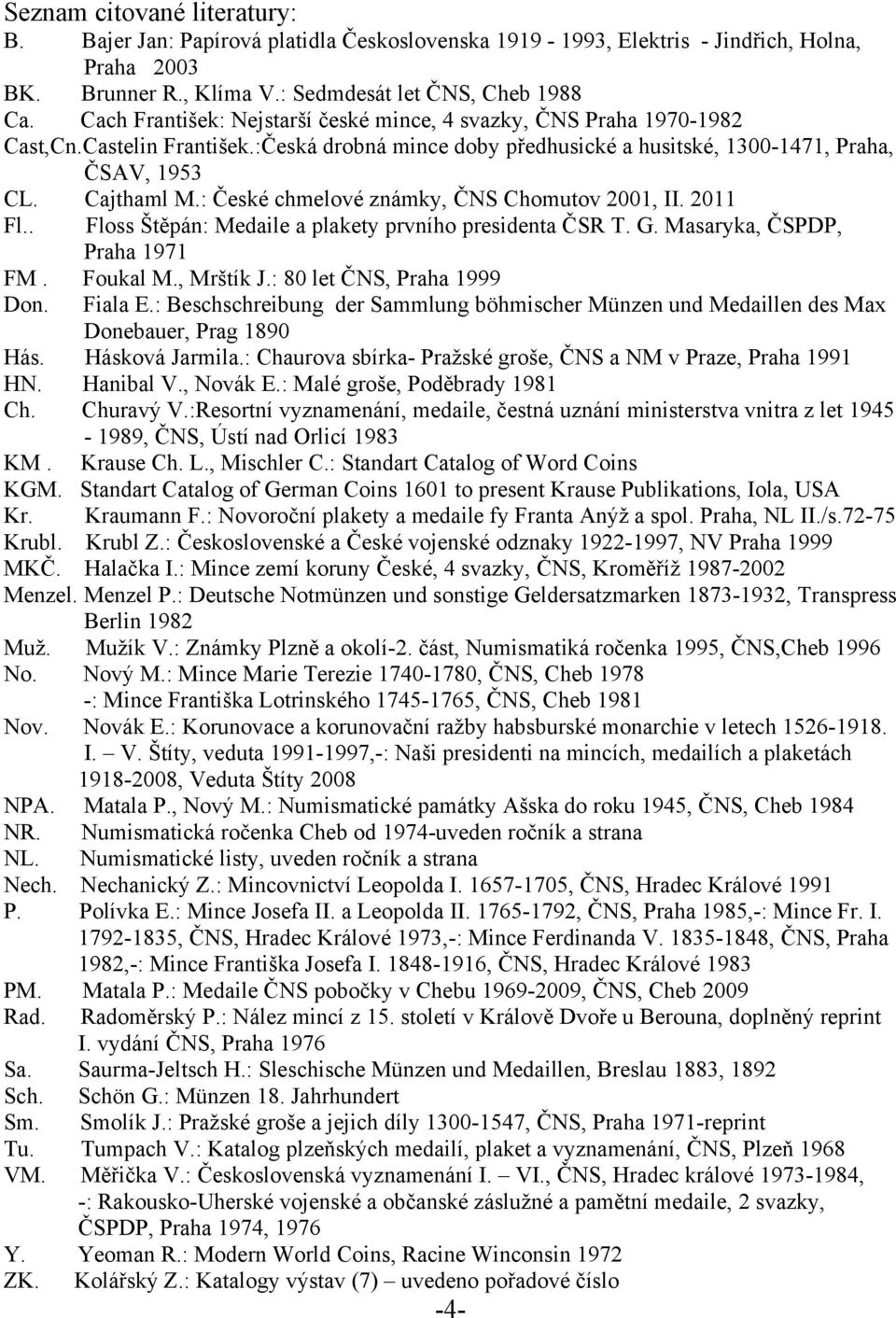 : České chmelové známky, ČNS Chomutov 2001, II. 2011 Fl.. Floss Štěpán: Medaile a plakety prvního presidenta ČSR T. G. Masaryka, ČSPDP, Praha 1971 FM. Foukal M., Mrštík J.: 80 let ČNS, Praha 1999 Don.