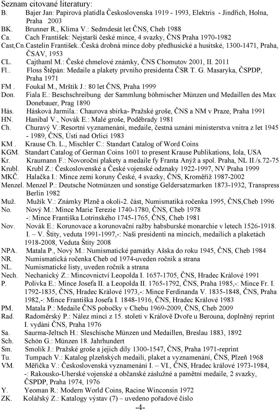 : České chmelové známky, ČNS Chomutov 2001, II. 2011 Fl.. Floss Štěpán: Medaile a plakety prvního presidenta ČSR T. G. Masaryka, ČSPDP, Praha 1971 FM. Foukal M., Mrštík J.: 80 let ČNS, Praha 1999 Don.