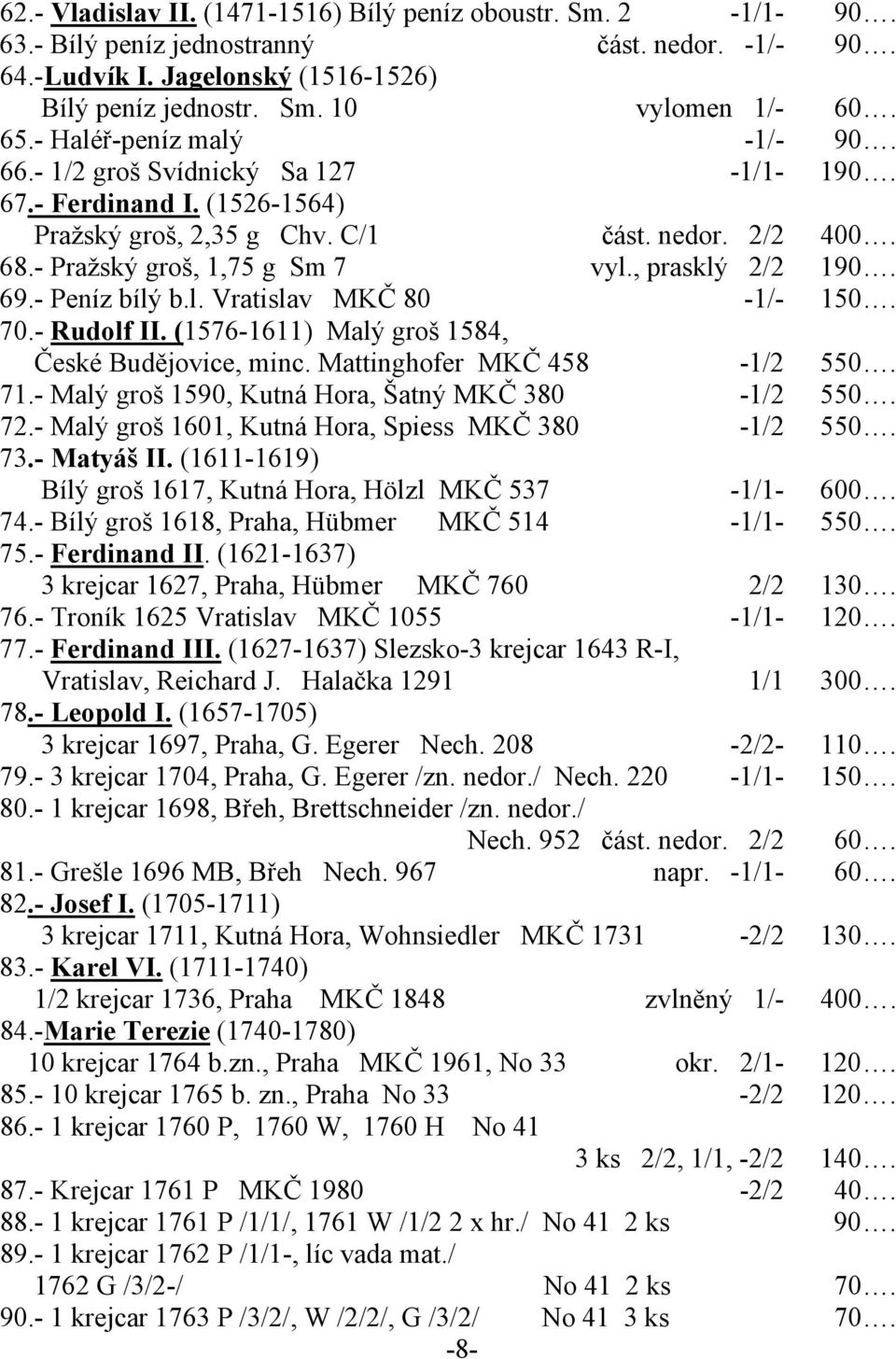 , prasklý 2/2 190. 69.- Peníz bílý b.l. Vratislav MKČ 80-1/- 150. 70.- Rudolf II. (1576-1611) Malý groš 1584, České Budějovice, minc. Mattinghofer MKČ 458-1/2 550. 71.