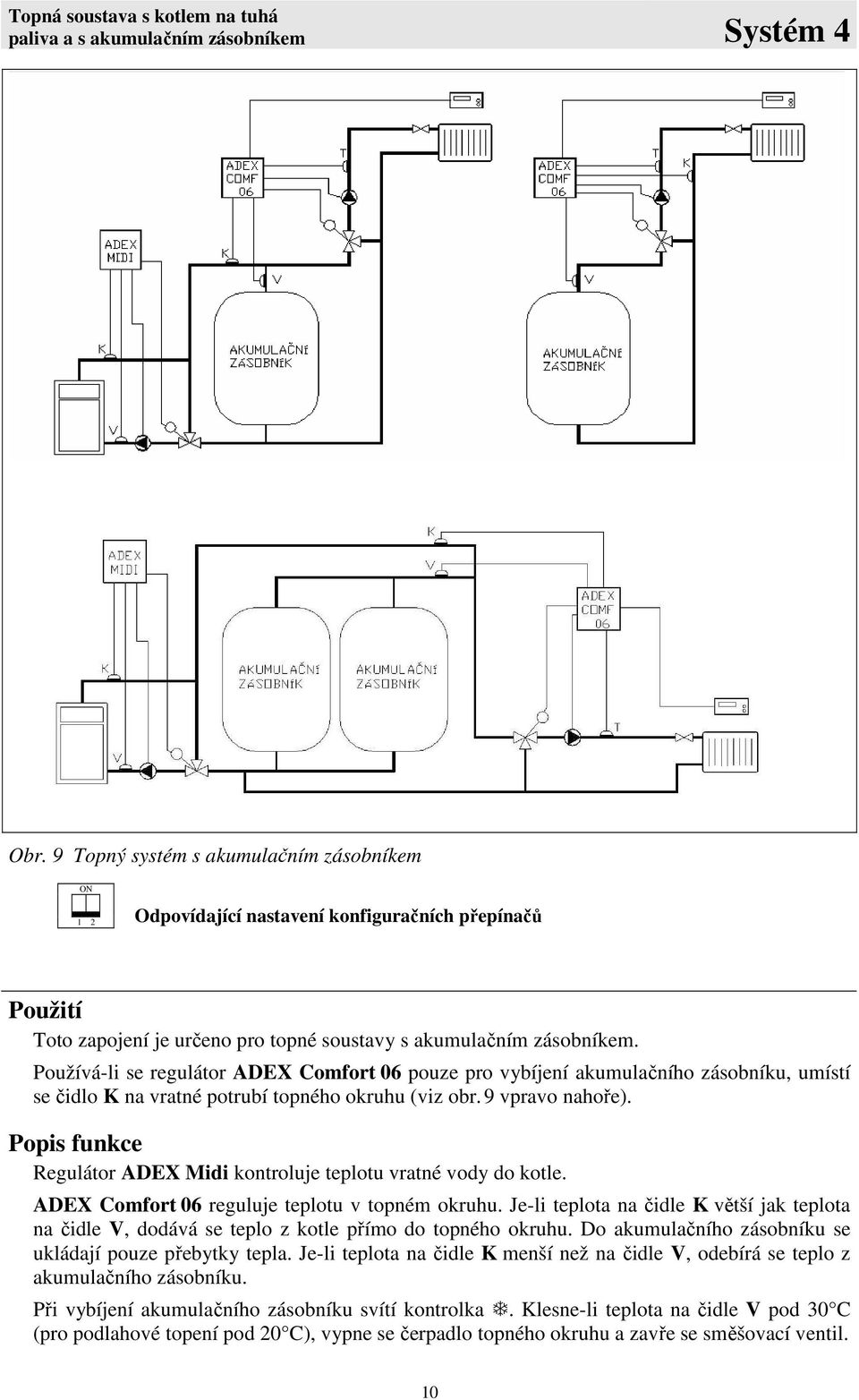 Používá-li se regulátor ADEX Comforta06 pouze pro vybíjení akumulačního zásobníku, umístí se čidlo K na vratné potrubí topného okruhu (viz obr. 9 vpravo nahoře).