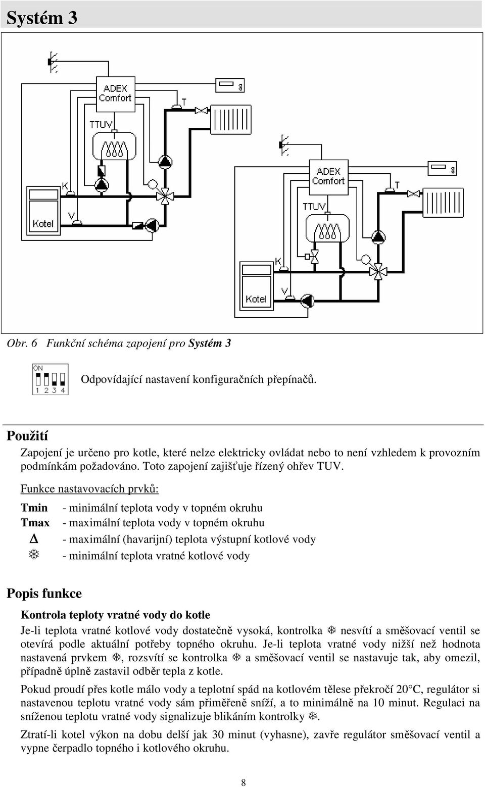 Funkce nastavovacích prvků: Tmin Tmax - minimální teplota vody v topném okruhu - maximální teplota vody v topném okruhu - maximální (havarijní) teplota výstupní kotlové vody - minimální teplota