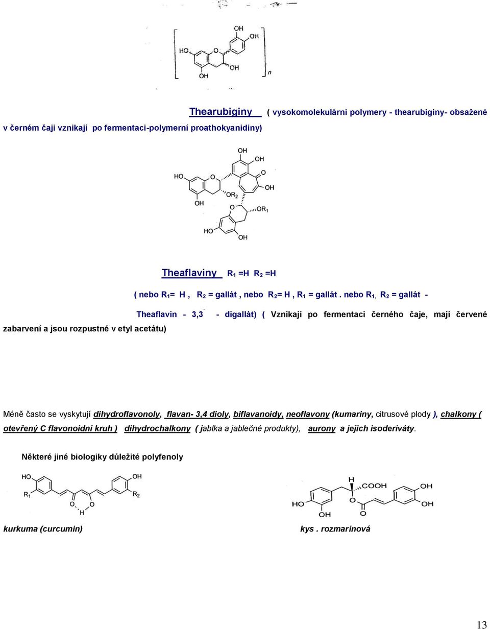 nebo R 1, R 2 = gallát - zabarvení a jsou rozpustné v etyl acetátu) Theaflavin - 3,3 - digallát) ( Vznikají po fermentaci černého čaje, mají červené Méně často se