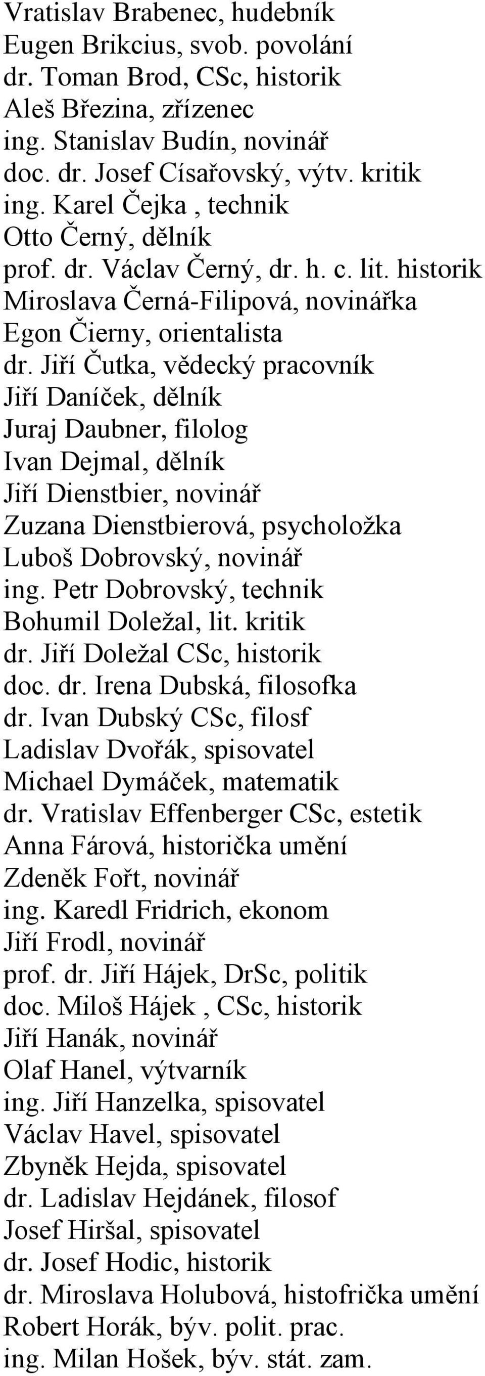 Jiří Čutka, vědecký pracovník Jiří Daníček, dělník Juraj Daubner, filolog Ivan Dejmal, dělník Jiří Dienstbier, novinář Zuzana Dienstbierová, psycholožka Luboš Dobrovský, novinář ing.