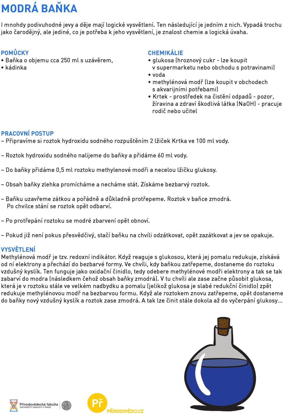 Baňka o objemu cca 250 ml s uzávěrem, kádinka CHEMIKÁLIE glukosa (hroznový cukr - lze koupit v supermarketu nebo obchodu s potravinami) voda methylénová modř (lze koupit v obchodech s akvarijními