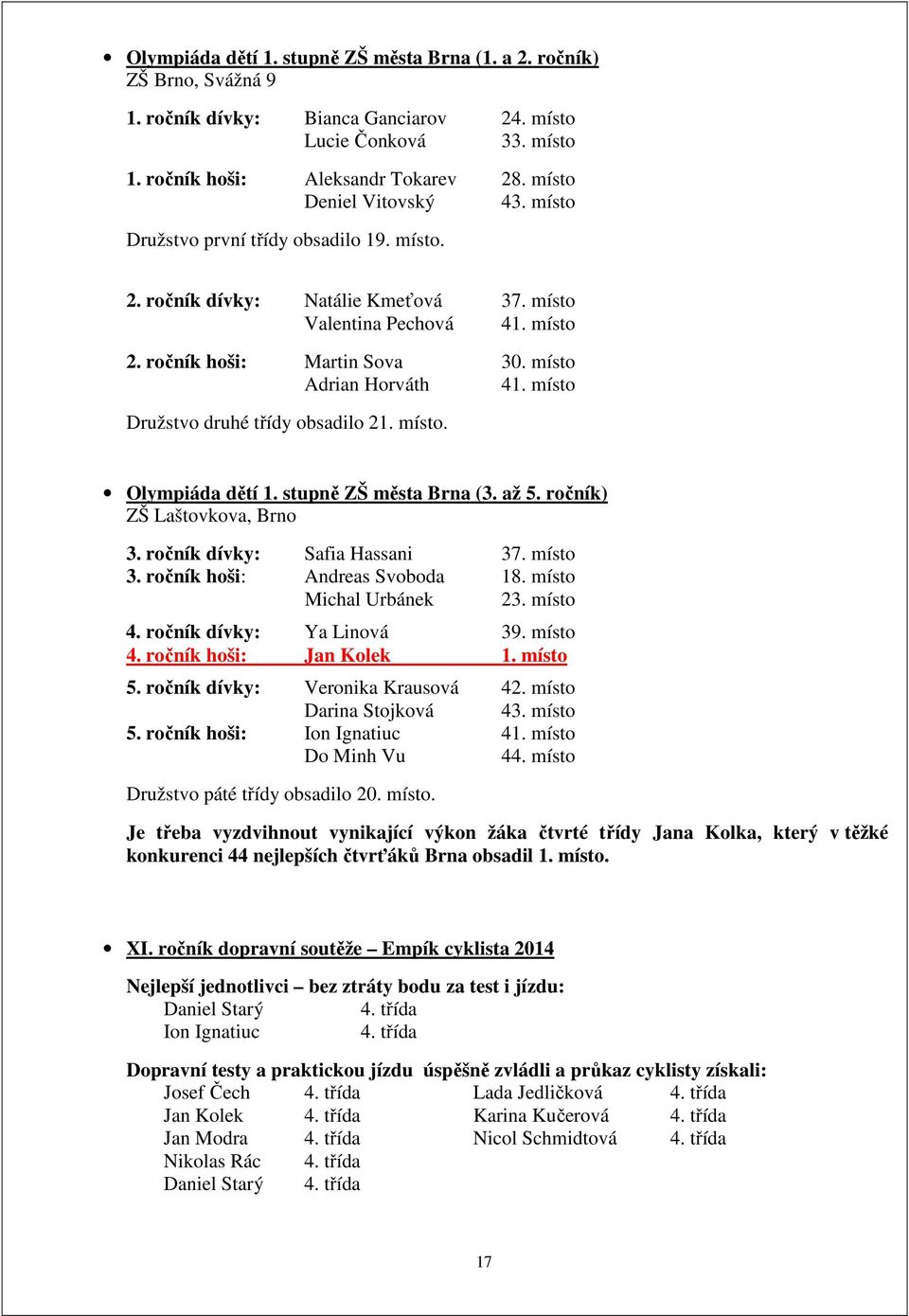 místo Družstvo druhé třídy obsadilo 21. místo. Olympiáda dětí 1. stupně ZŠ města Brna (3. až 5. ročník) ZŠ Laštovkova, Brno 3. ročník dívky: Safia Hassani 37. místo 3. ročník hoši: Andreas Svoboda 18.