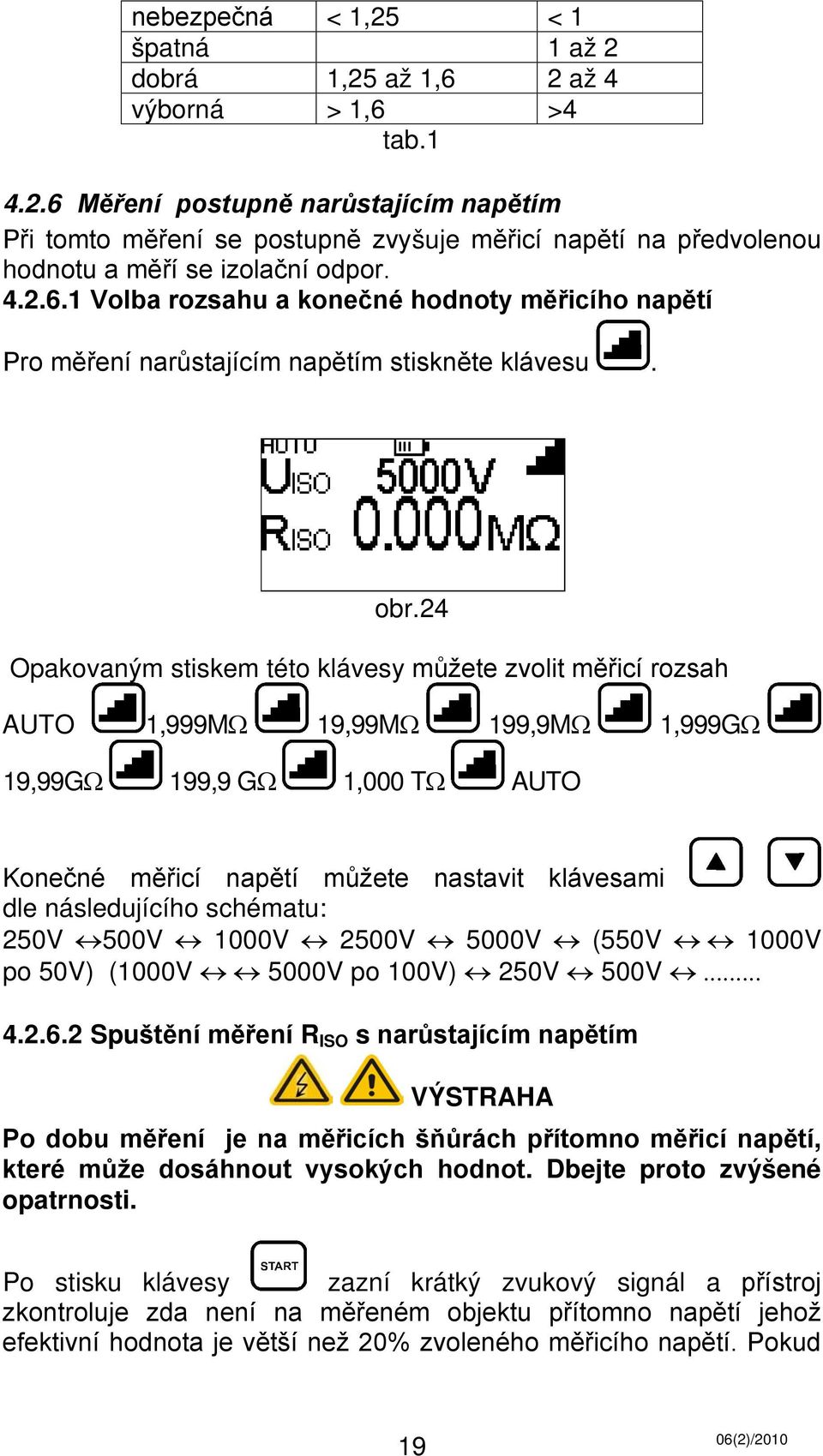 24 Opakovaným stiskem této klávesy můžete zvolit měřicí rozsah AUTO 1,999MΩ 19,99MΩ 199,9MΩ 1,999GΩ 19,99GΩ 199,9 GΩ 1,000 TΩ AUTO Konečné měřicí napětí můžete nastavit klávesami dle následujícího