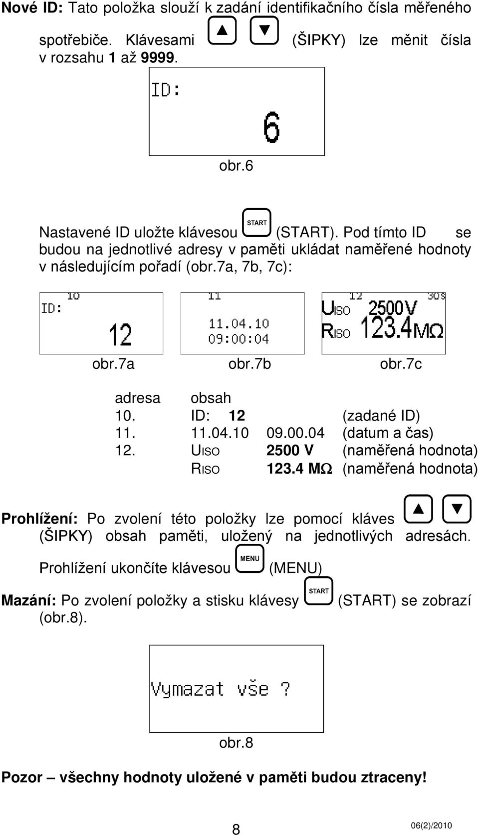 10 09.00.04 (datum a čas) 12. UISO 2500 V (naměřená hodnota) RISO 123.