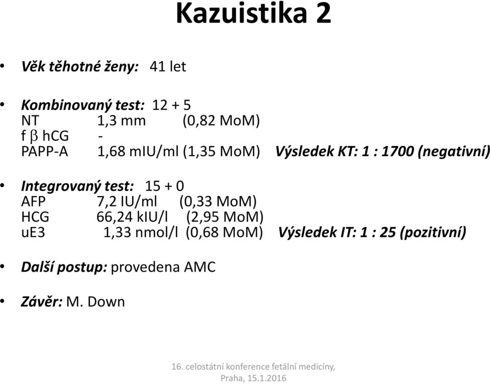 test: 15 + 0 AFP 7,2 IU/ml (0,33 MoM) HCG 66,24 kiu/l (2,95 MoM) ue3 1,33 nmol/l