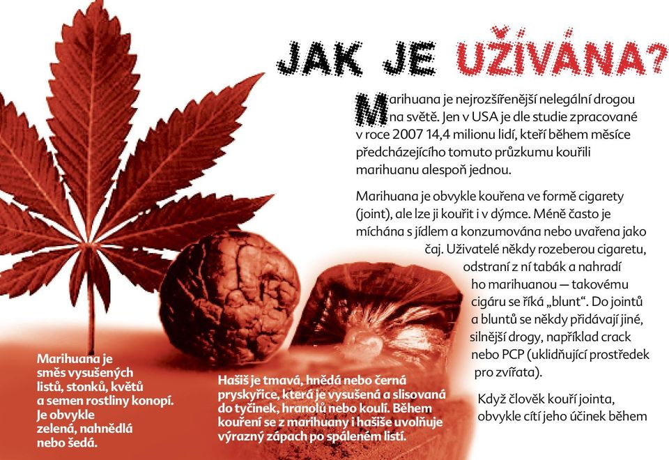 Marihuana je směs vysušených listů, stonků, květů a semen rostliny konopí. Je obvykle zelená, nahnědlá nebo šedá.