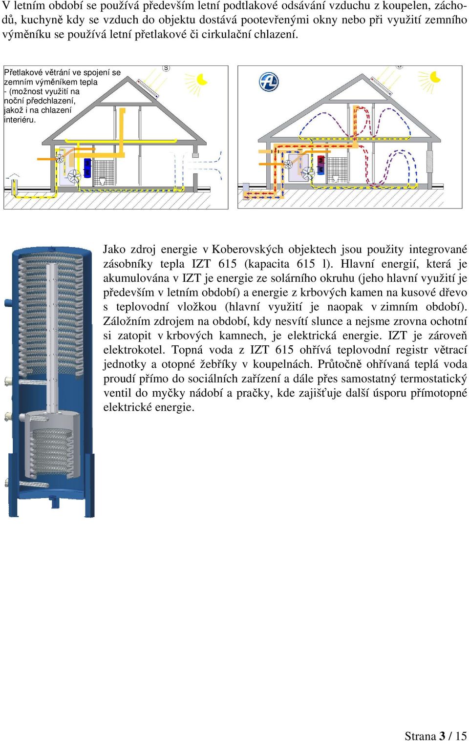 Jako zdroj energie v Koberovských objektech jsou použity integrované zásobníky tepla IZT 615 (kapacita 615 l).