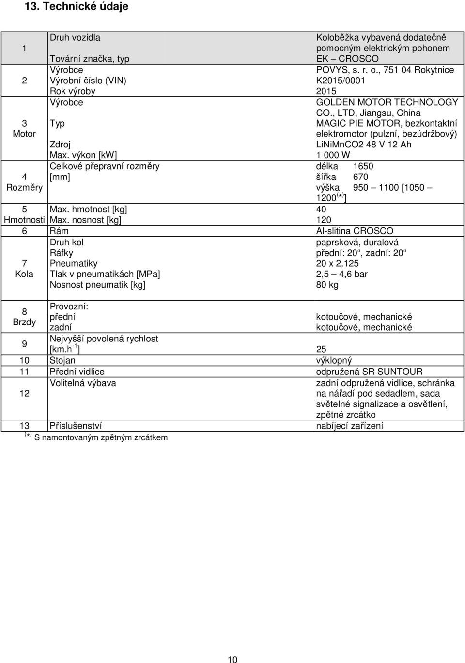 , LTD, Jiangsu, China MAGIC PIE MOTOR, bezkontaktní elektromotor (pulzní, bezúdržbový) LiNiMnCO2 48 V 12 Ah 1 000 W délka 1650 šířka 670 výška 950 1100 [1050 1200 ( * ) ] 5 Max.