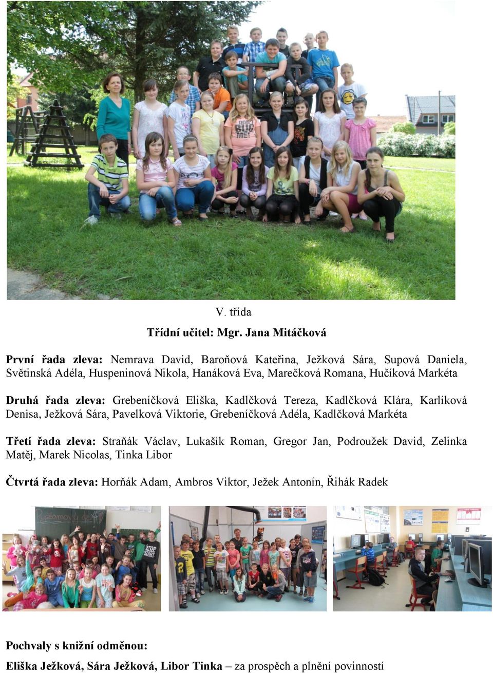 Hučíková Markéta Druhá řada zleva: Grebeníčková Eliška, Kadlčková Tereza, Kadlčková Klára, Karlíková Denisa, Ježková Sára, Pavelková Viktorie, Grebeníčková Adéla,