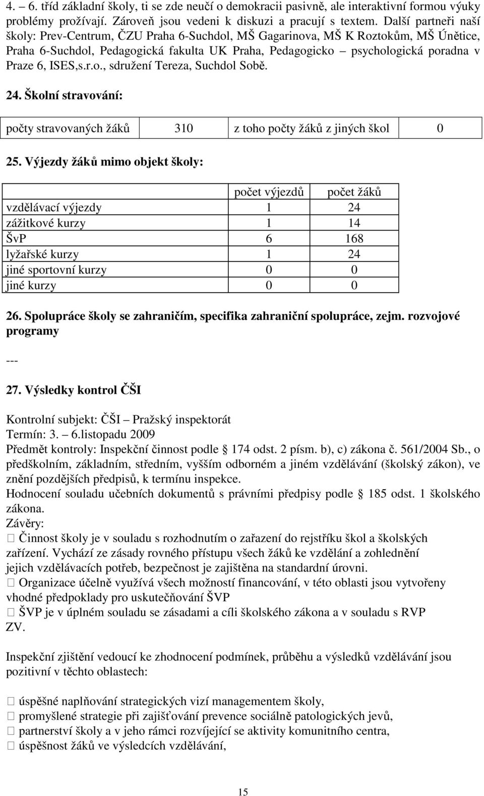 ISES,s.r.o., sdružení Tereza, Suchdol Sobě. 24. Školní stravování: počty stravovaných žáků 310 z toho počty žáků z jiných škol 0 25.