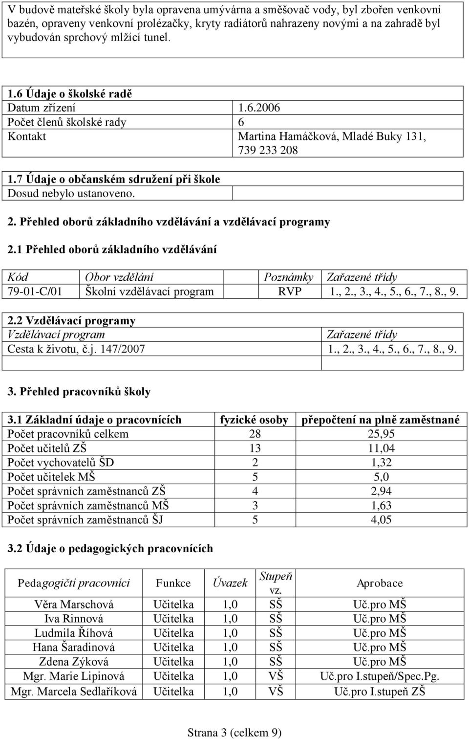 7 Údaje o občanském sdružení při škole Dosud nebylo ustanoveno. 2. Přehled oborů základního vzdělávání a vzdělávací programy 2.