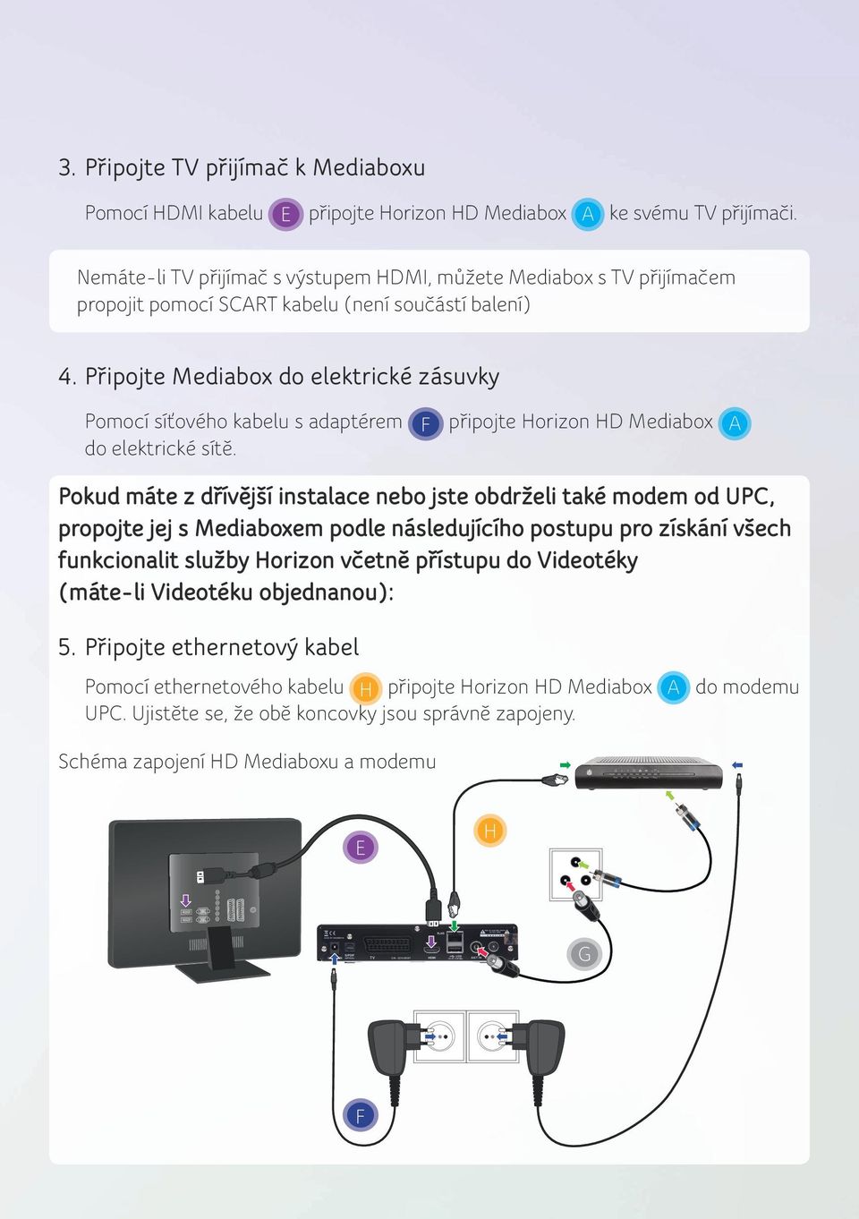 Připojte Mediabox do elektrické zásuvky Pomocí síťového kabelu s adaptérem F připojte Horizon HD Mediabox A do elektrické sítě.