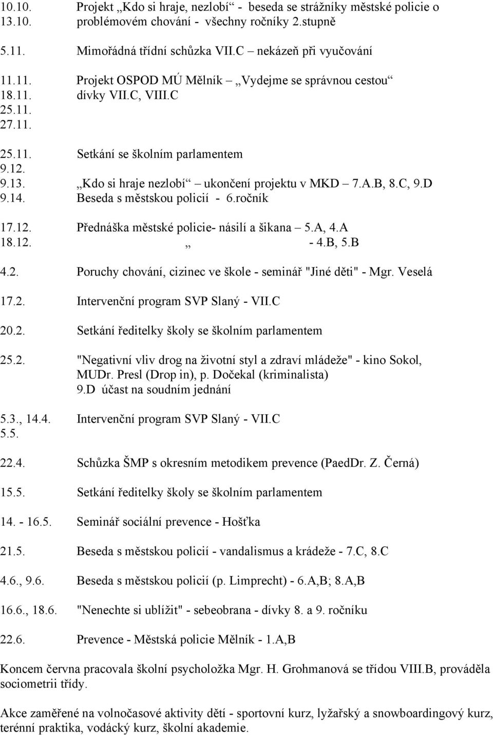 A, 4.A 18.12. - 4.B, 5.B 4.2. Poruchy chování, cizinec ve škole - seminář "Jiné děti" - Veselá 17.2. Intervenční program SVP Slaný - VII.C 20.2. Setkání ředitelky školy se školním parlamentem 25.2. "Negativní vliv drog na životní styl a zdraví mládeže" - kino Sokol, MUDr.