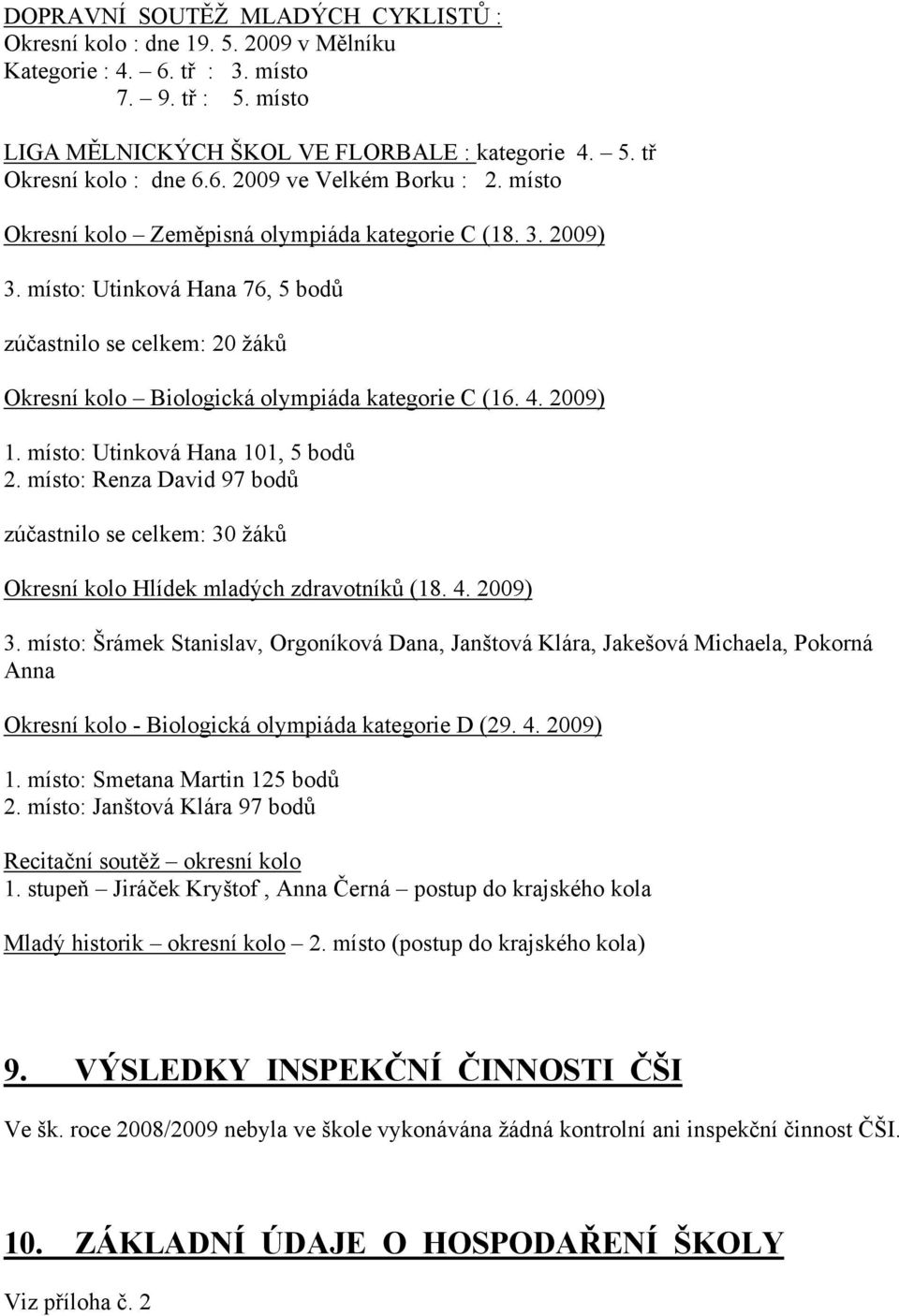 místo: Utinková Hana 76, 5 bodů zúčastnilo se celkem: 20 žáků Okresní kolo Biologická olympiáda kategorie C (16. 4. 2009) 1. místo: Utinková Hana 101, 5 bodů 2.