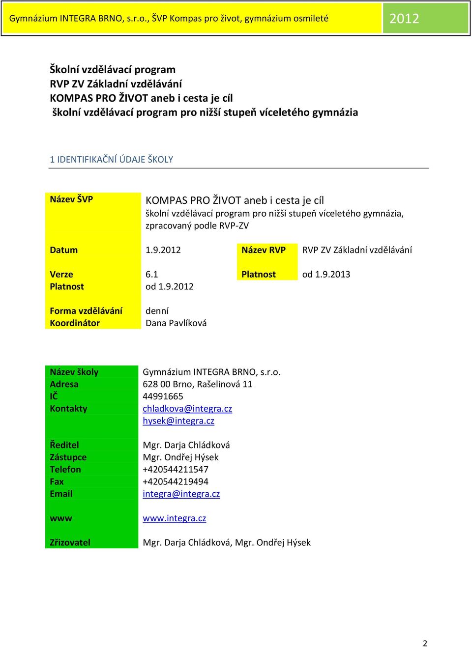 9.2012 Forma vzdělávání Koordinátor denní Dana Pavlíková Název školy Gymnázium INTEGRA BRNO, s.r.o. Adresa 628 00 Brno, Rašelinová 11 IČ 44991665 Kontakty chladkova@integra.cz hysek@integra.