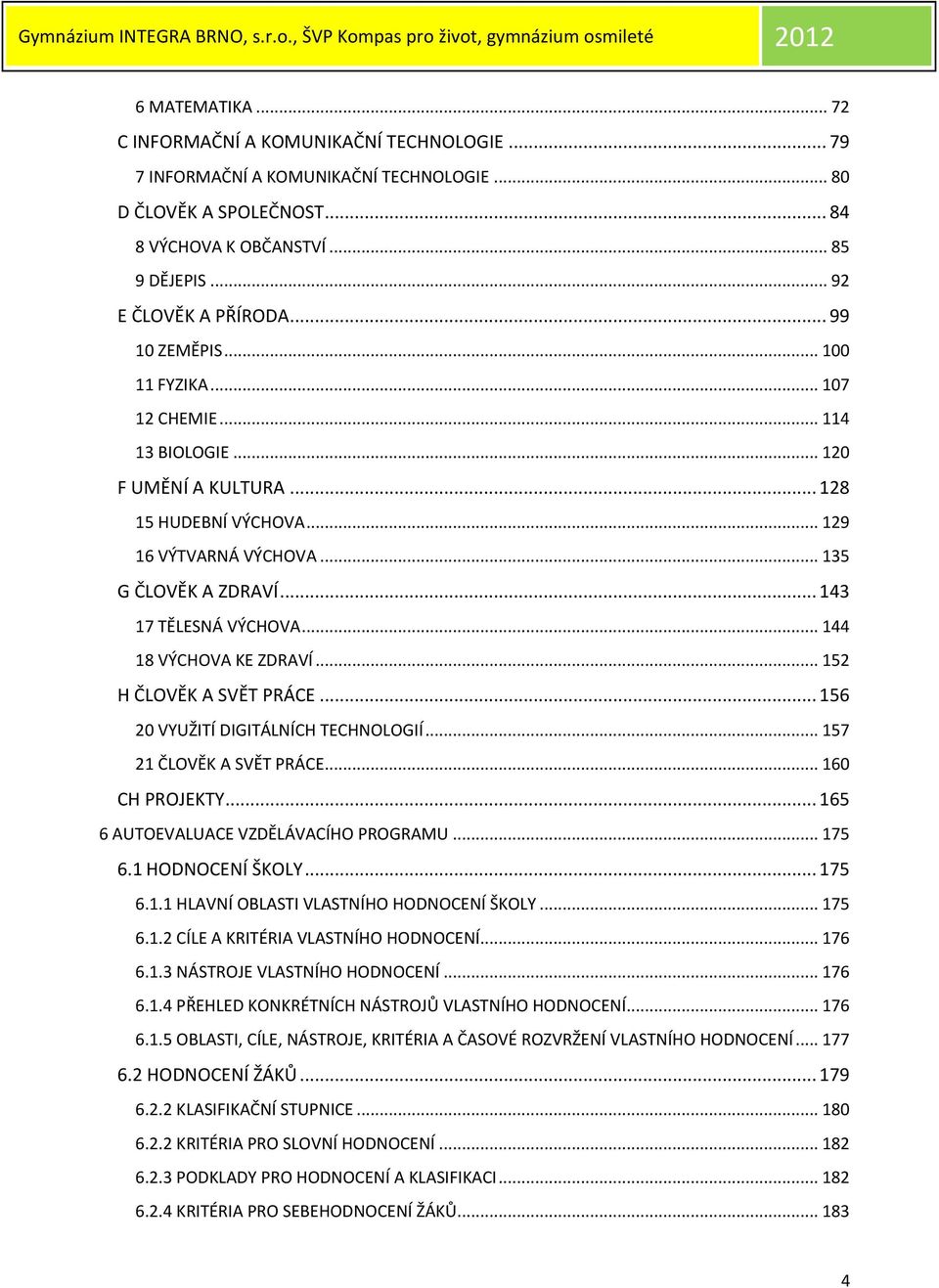 .. 144 18 VÝCHOVA KE ZDRAVÍ... 152 H ČLOVĚK A SVĚT PRÁCE... 156 20 VYUŽITÍ DIGITÁLNÍCH TECHNOLOGIÍ... 157 21 ČLOVĚK A SVĚT PRÁCE... 160 CH PROJEKTY... 165 6 AUTOEVALUACE VZDĚLÁVACÍHO PROGRAMU... 175 6.