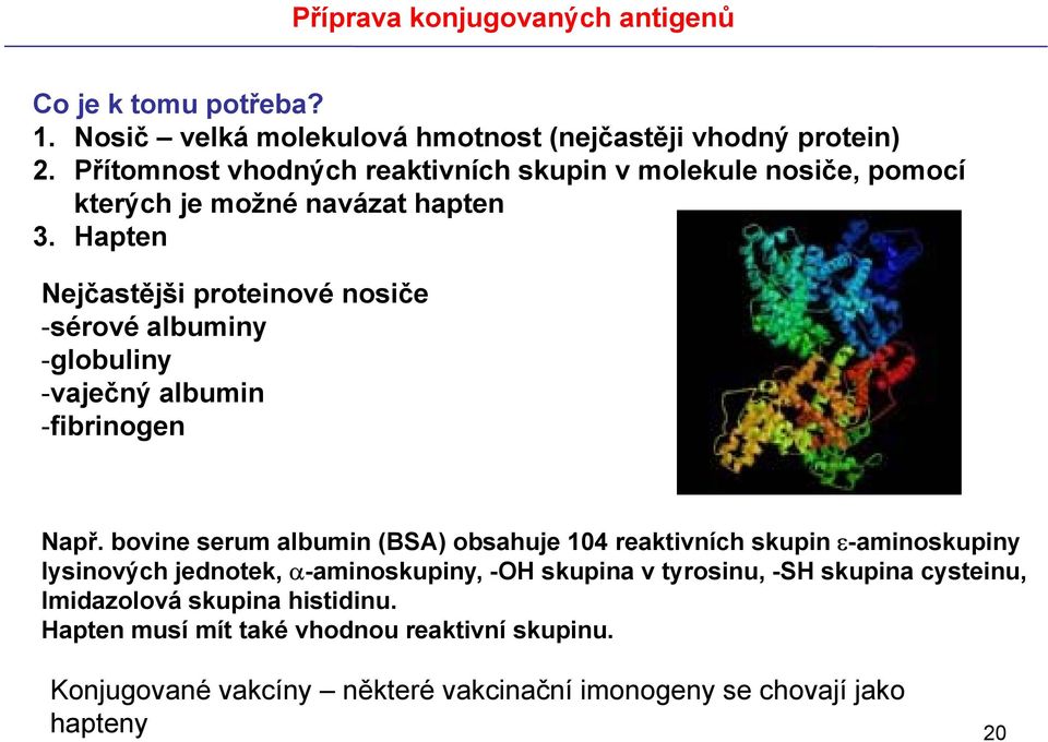 Hapten Nejčastějši proteinové nosiče -sérové albuminy -globulinyg y -vaječný albumin -fibrinogen Např.